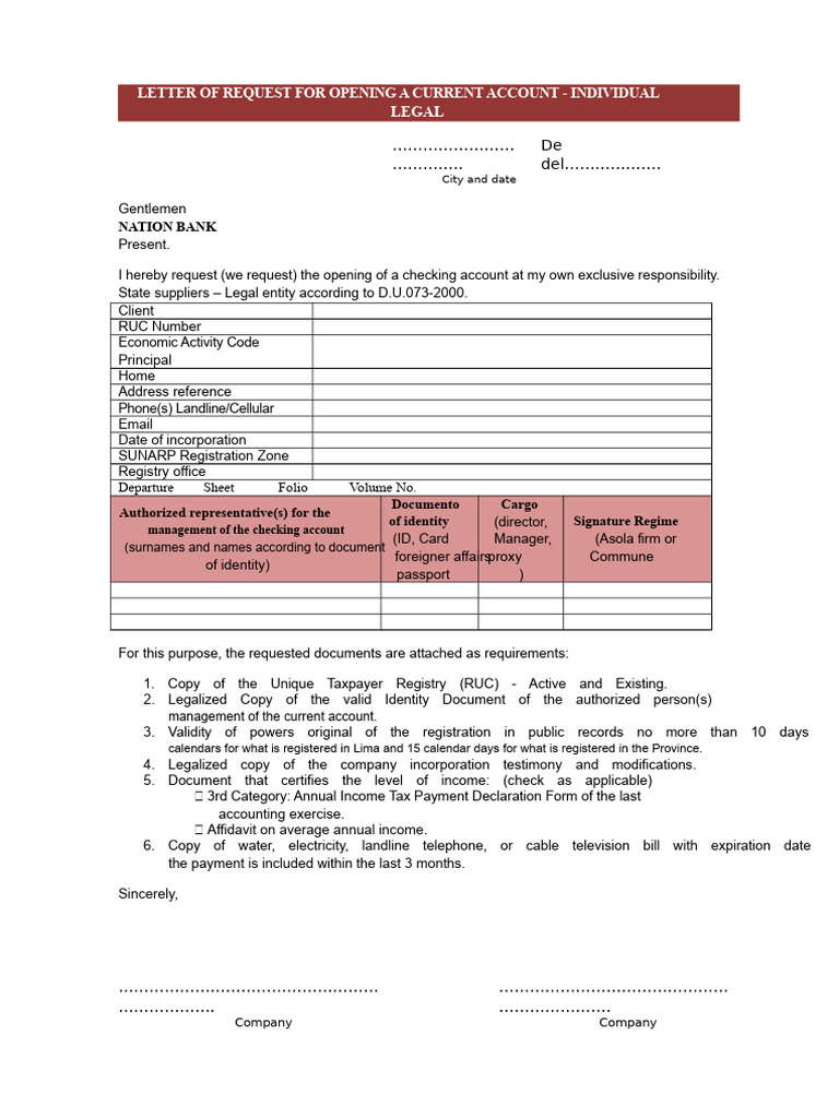 Current Account Opening Request Letter | PDF | Identity Document ...