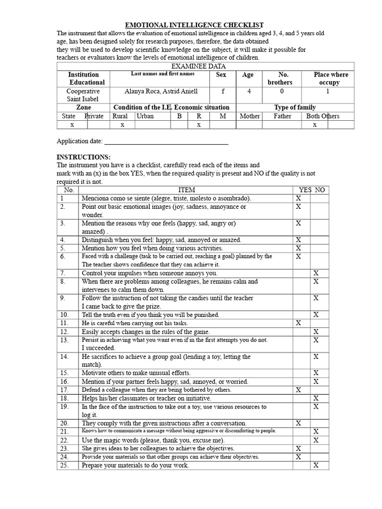 Emotional Intelligence Checklist for Kids | PDF | Emotional ...