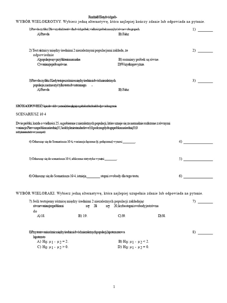 Rozdział 10 - Testy Dla Dwóch Próbek | PDF