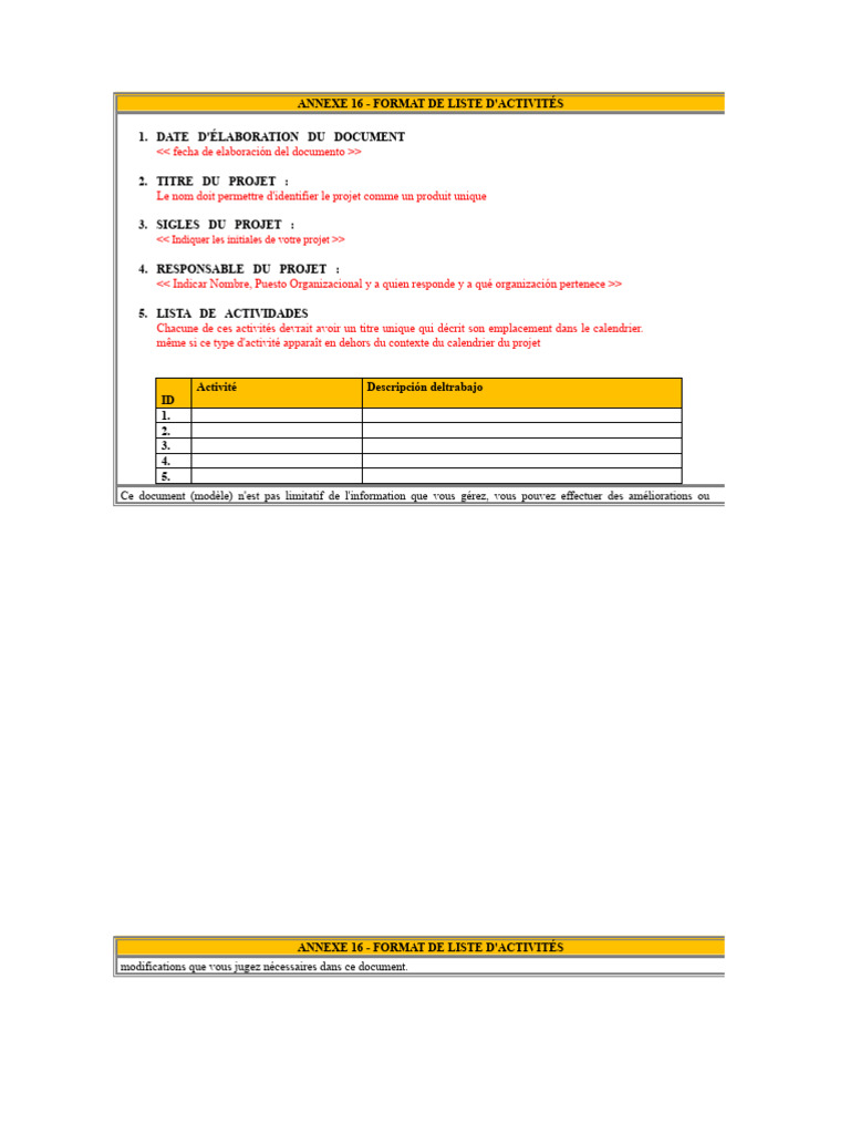 Modèle de Liste d'Activités Projet | PDF