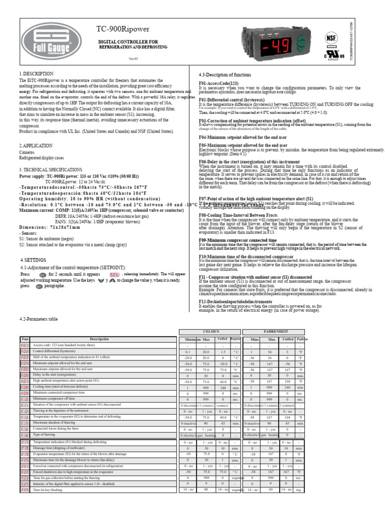 FullGauge TC 900ri Power Controller | PDF | Refrigerator | Refrigeration