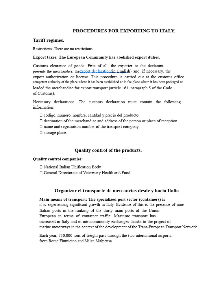 Procedures For Exporting To Italy | PDF | Customs | International ...