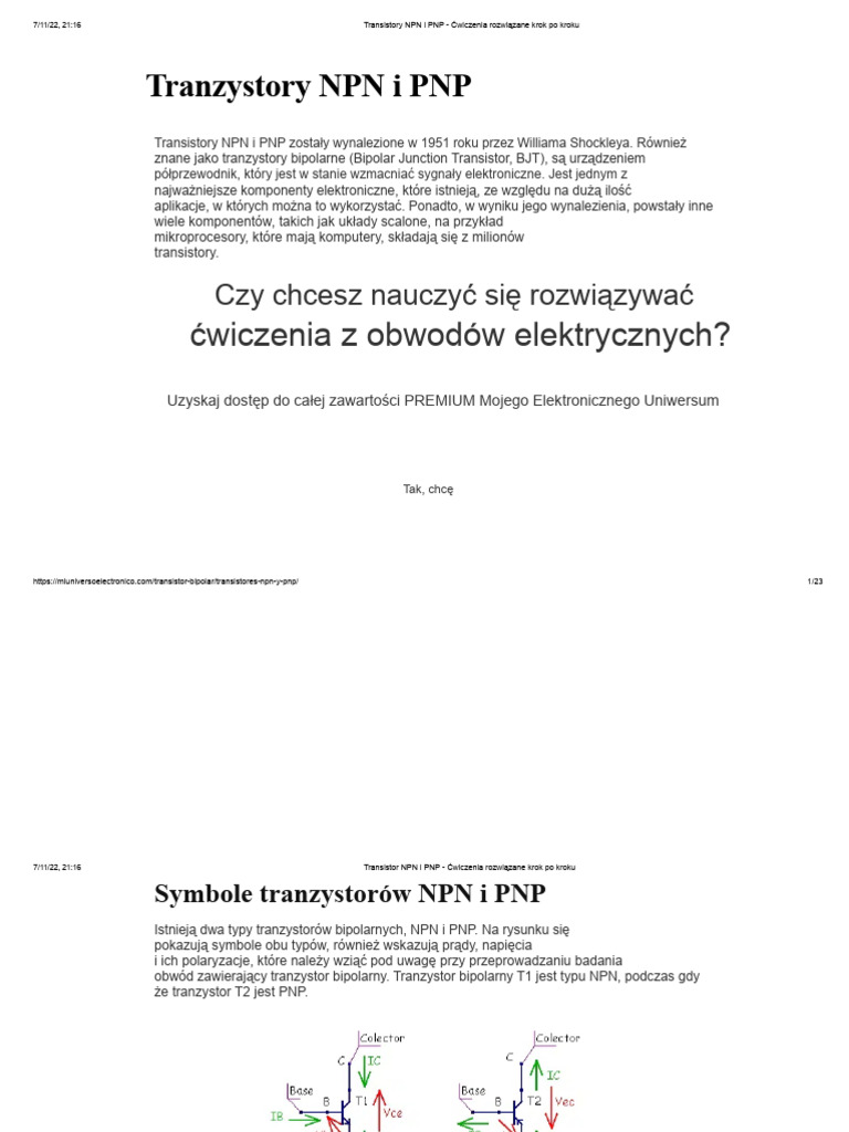 Transistory NPN I PNP - Ćwiczenia Rozwiązane Krok Po Kroku | PDF