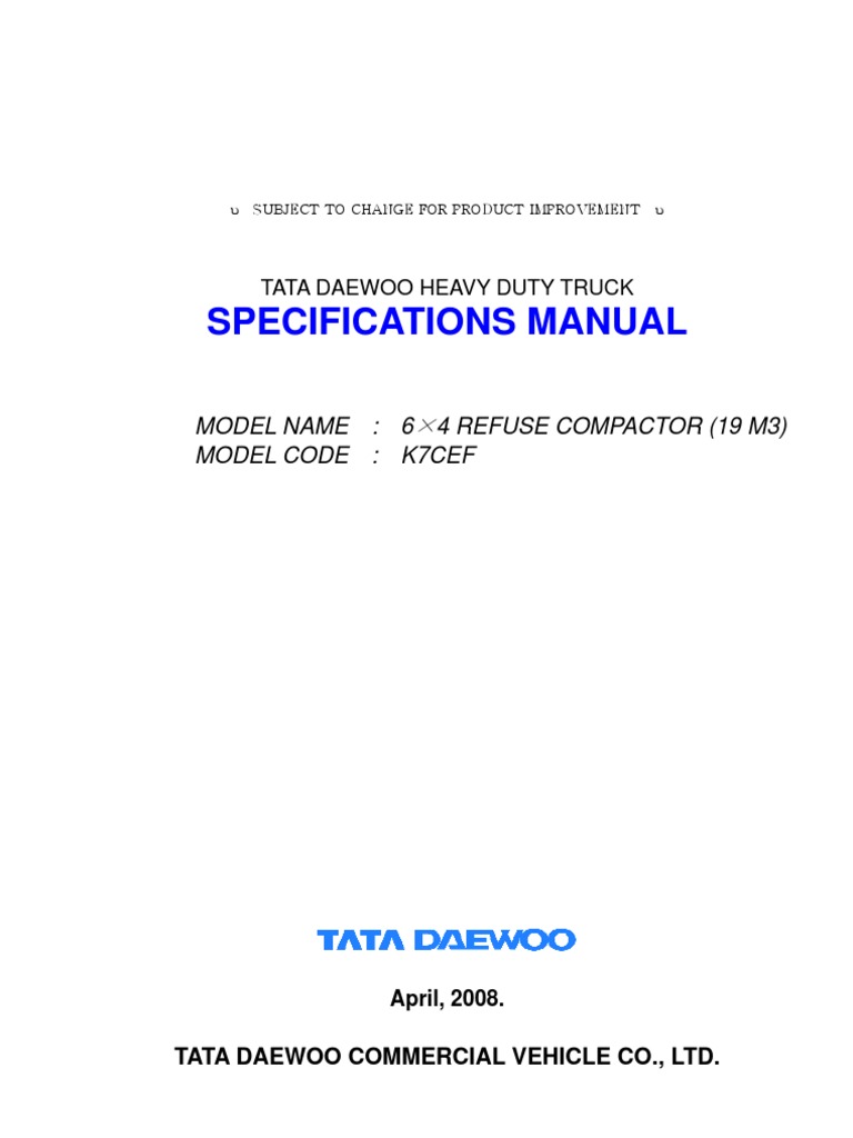 Specifications Manual Model Name 6 4 Refuse Compactor (19 M3) Model
