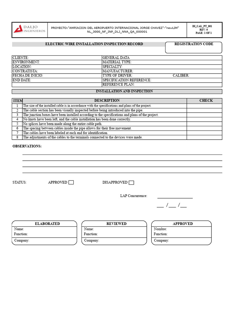 Electric Wire Installation Inspection Record | PDF | Computing ...