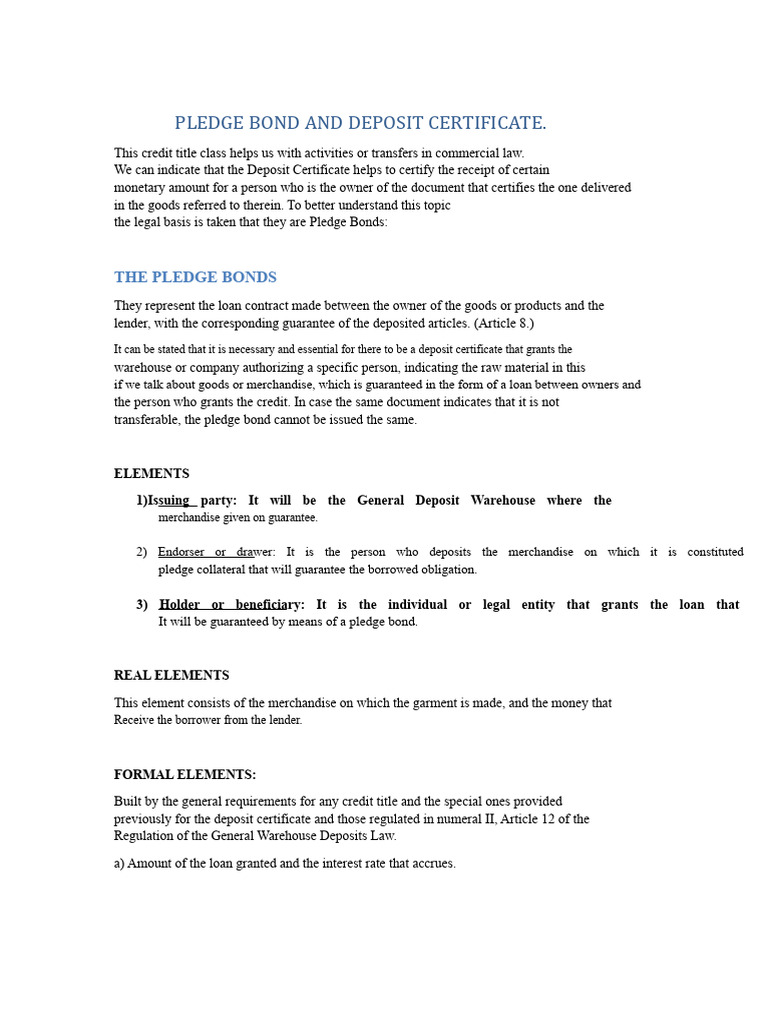 Understanding Pledge Bonds and Deposit Certificates | PDF | Loans | Credit