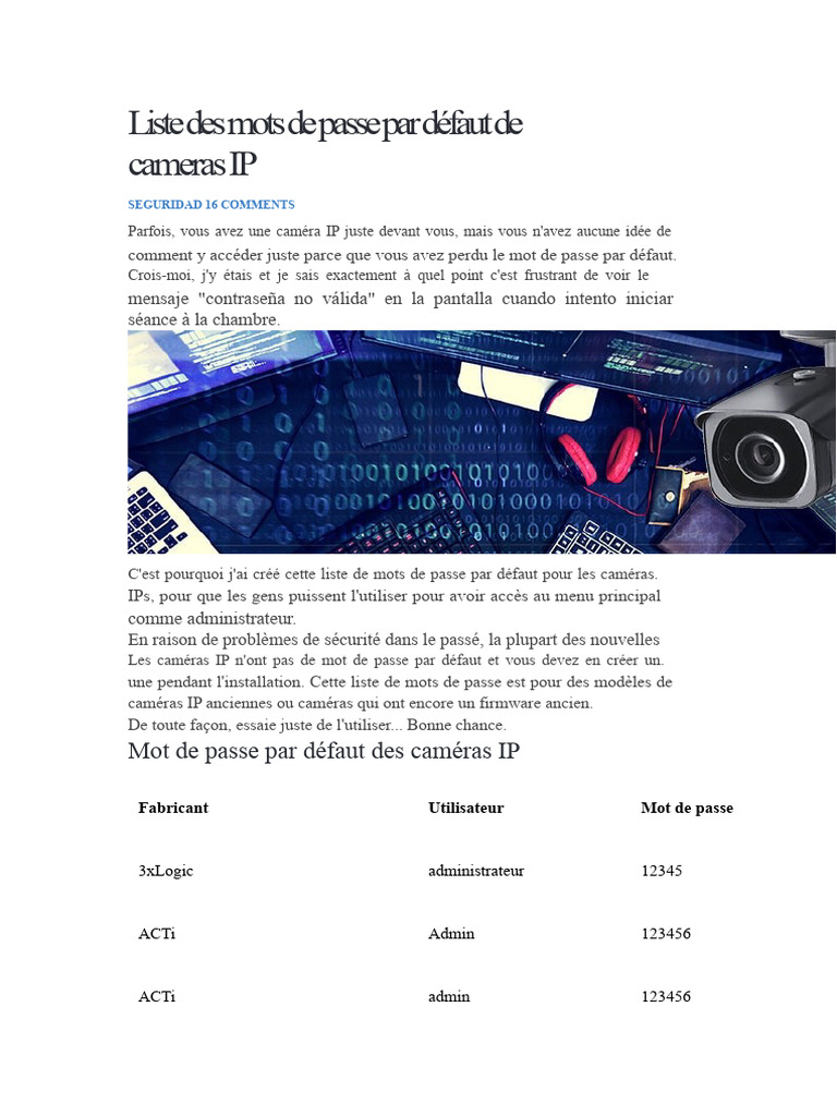Mots de passe par défaut des caméras IP | PDF