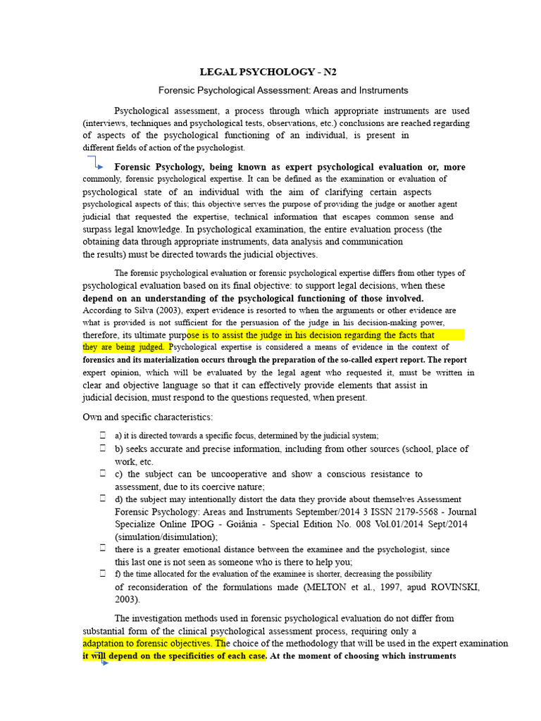 Forensic Psychological Assessment Areas and Instruments | PDF ...