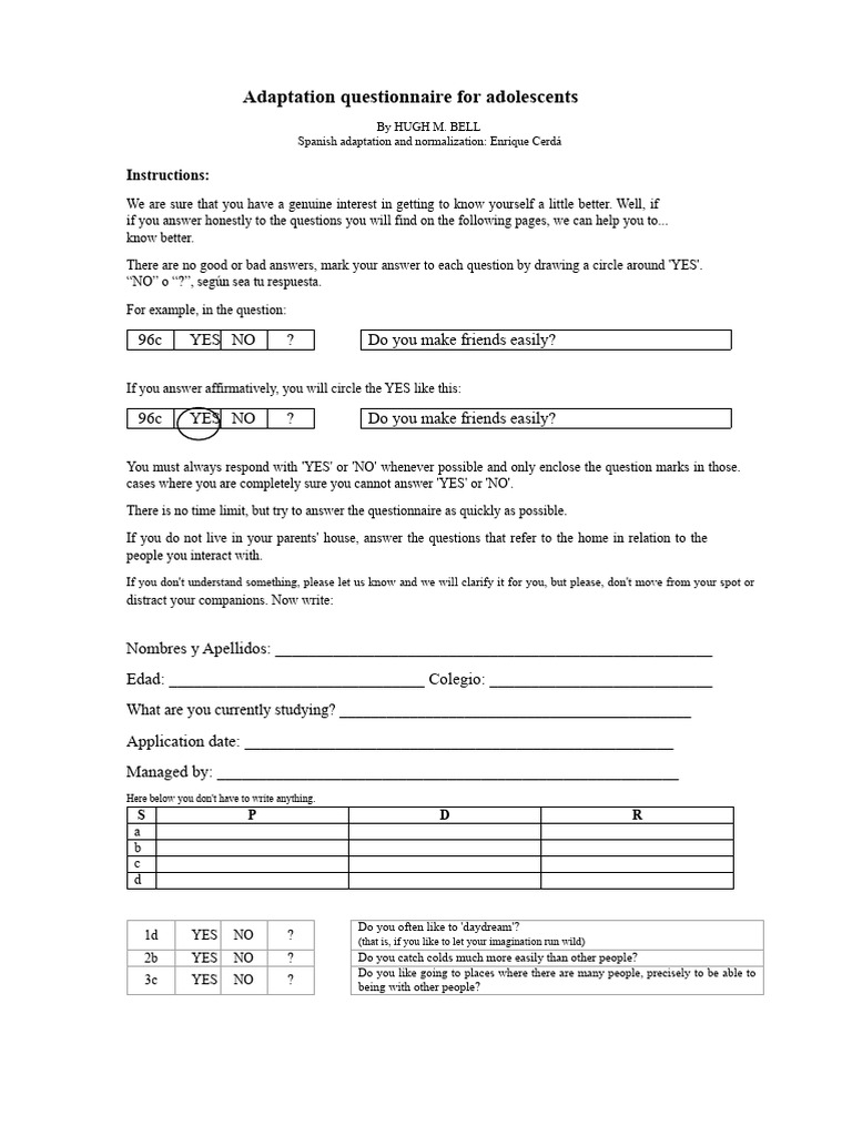 @ Bell's Adaptation Questionnaire For Adolescents | PDF | Questionnaire