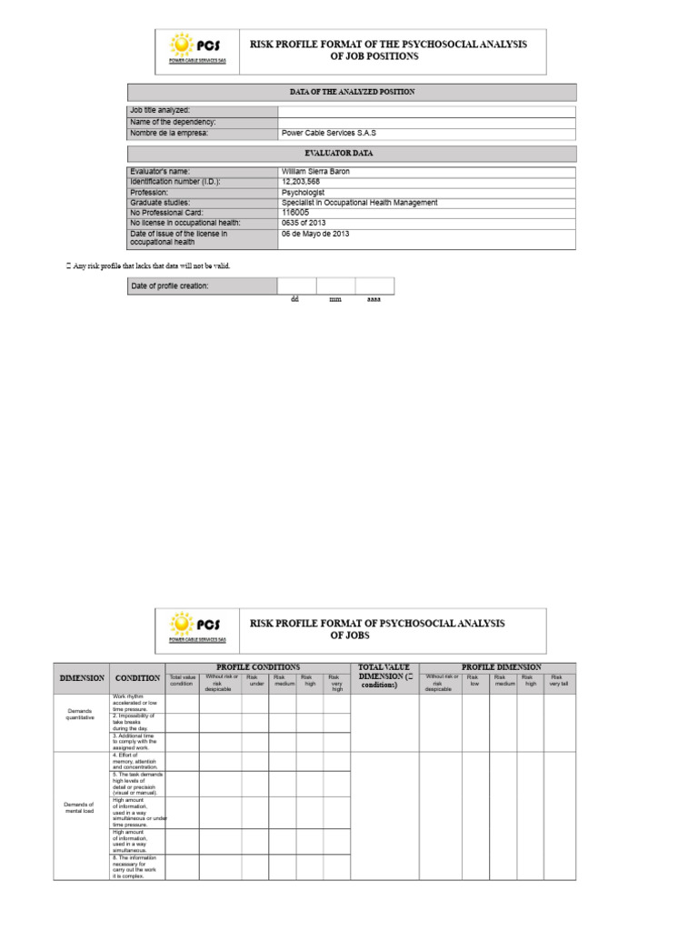 Psychosocial Job Risk Profile Format | PDF | Risk | Occupational Safety ...