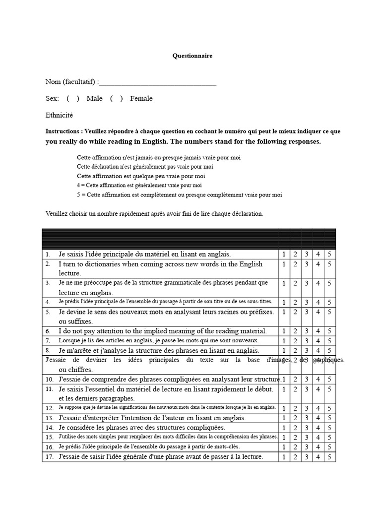 Questionnaire sur la lecture en anglais | PDF