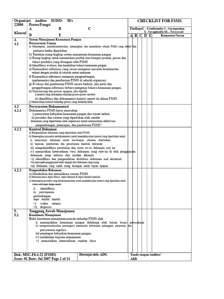 Checklist FSMS ISO 22000 untuk Keamanan Pangan | PDF