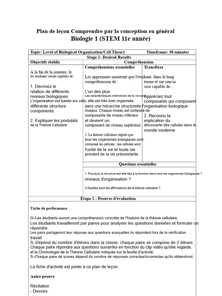 Leçon sur l'organisation biologique et la cellule | PDF | Biologie ...