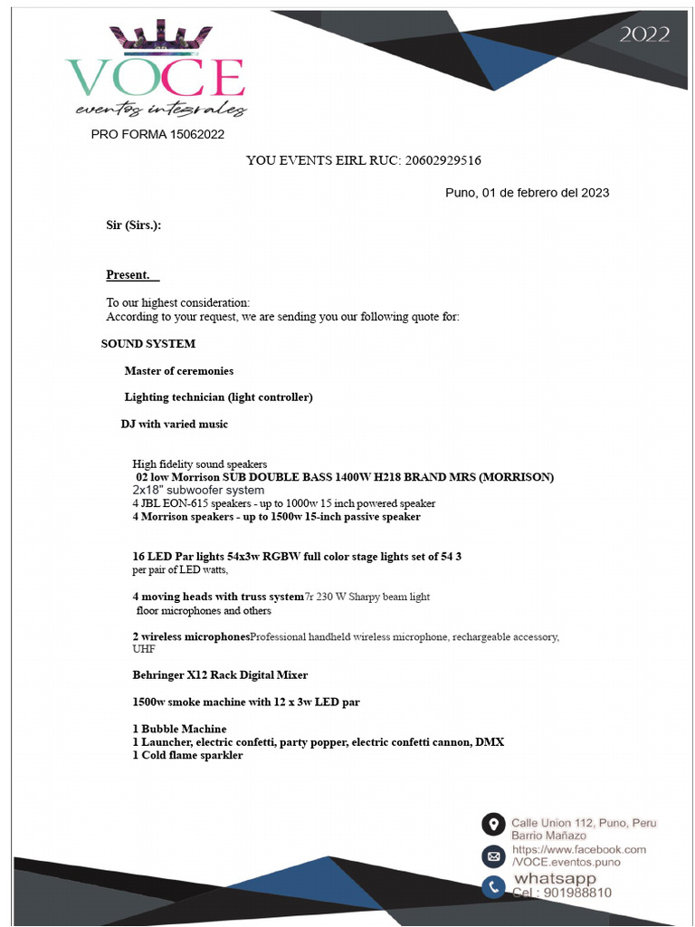 Pro Forma Invoice for Event Sound & Lighting | PDF | Sound | Electronic ...