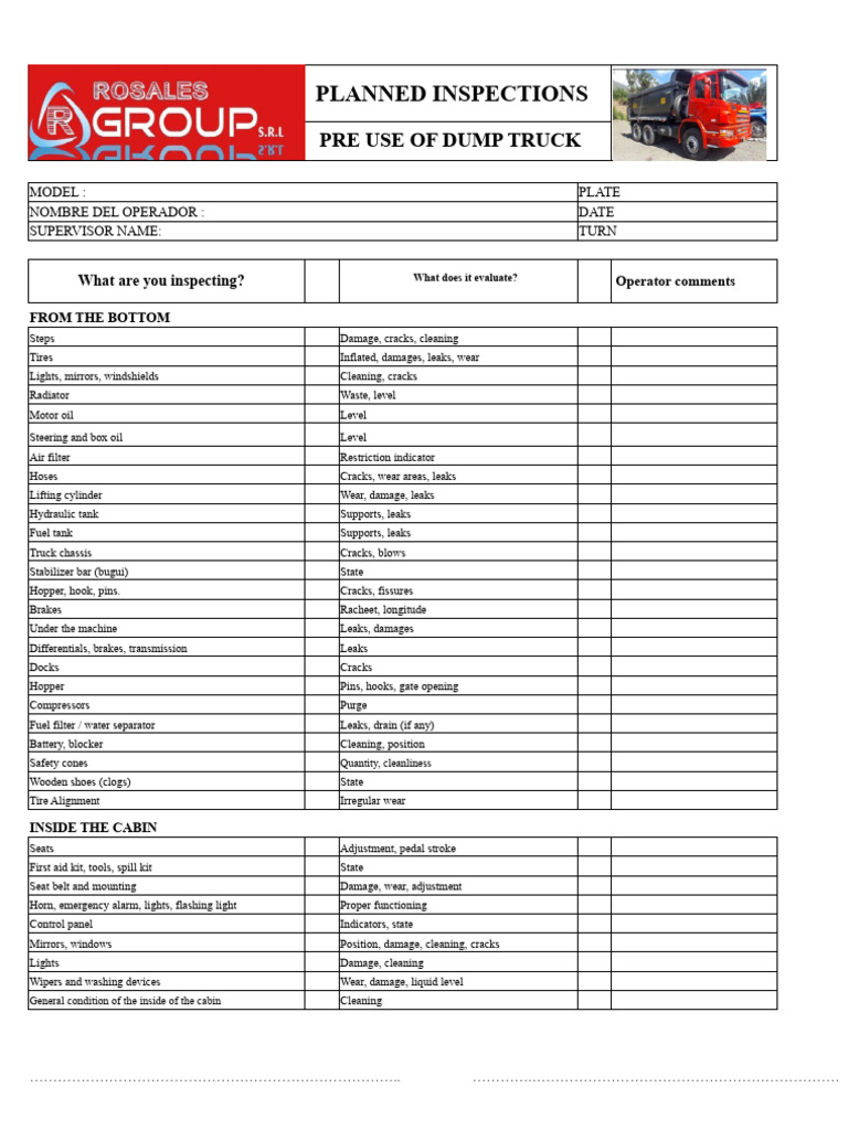 Dump Truck Pre-Use Inspection Checklist | PDF | Truck | Leak