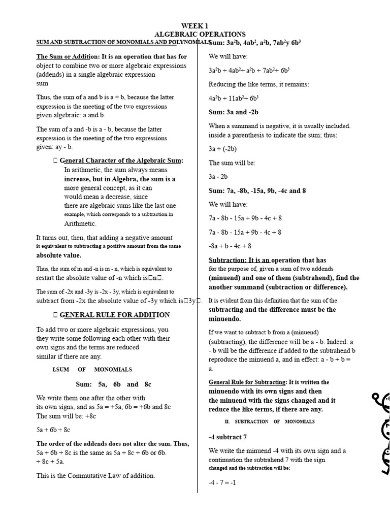 Algebraic Operations: Monomials & Polynomials | PDF | Subtraction | Numbers