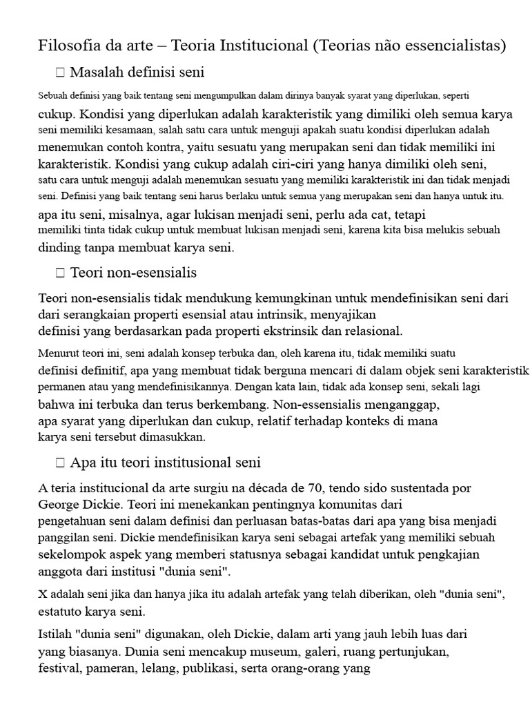 Teori Institusional - Filsafat Seni (Teori Non-Essensialis) | PDF