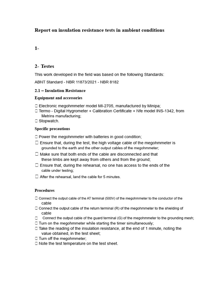 Insulation Resistance Testing Procedures | PDF | Insulator (Electricity ...