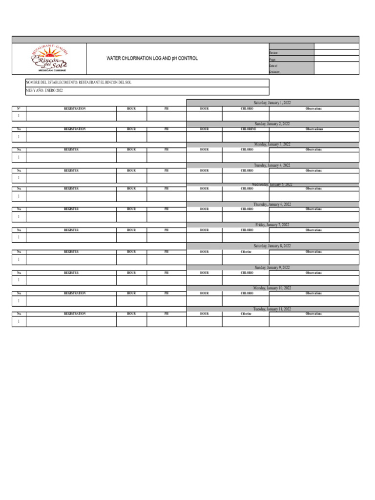 Water Chlorination Log January 2022 | PDF | Chlorine