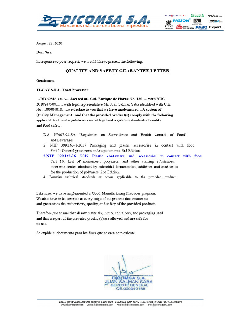 Quality and Safety Guarantee Letter | PDF