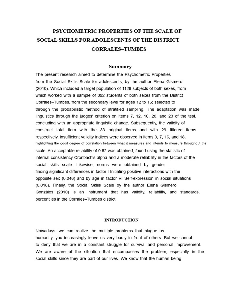 Psychometric Analysis of Social Skills Scale | PDF | Psychometrics ...