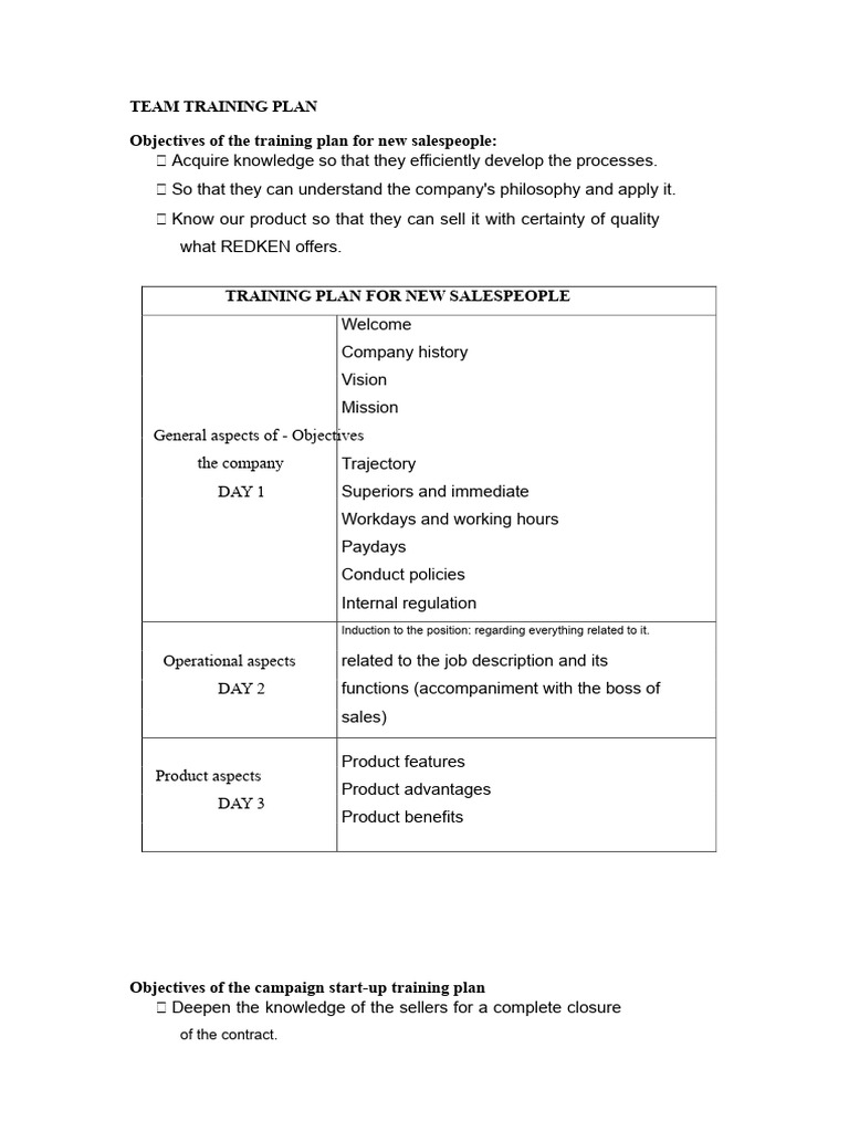 Training Plan For The Sales Team | PDF | Sales | Knowledge