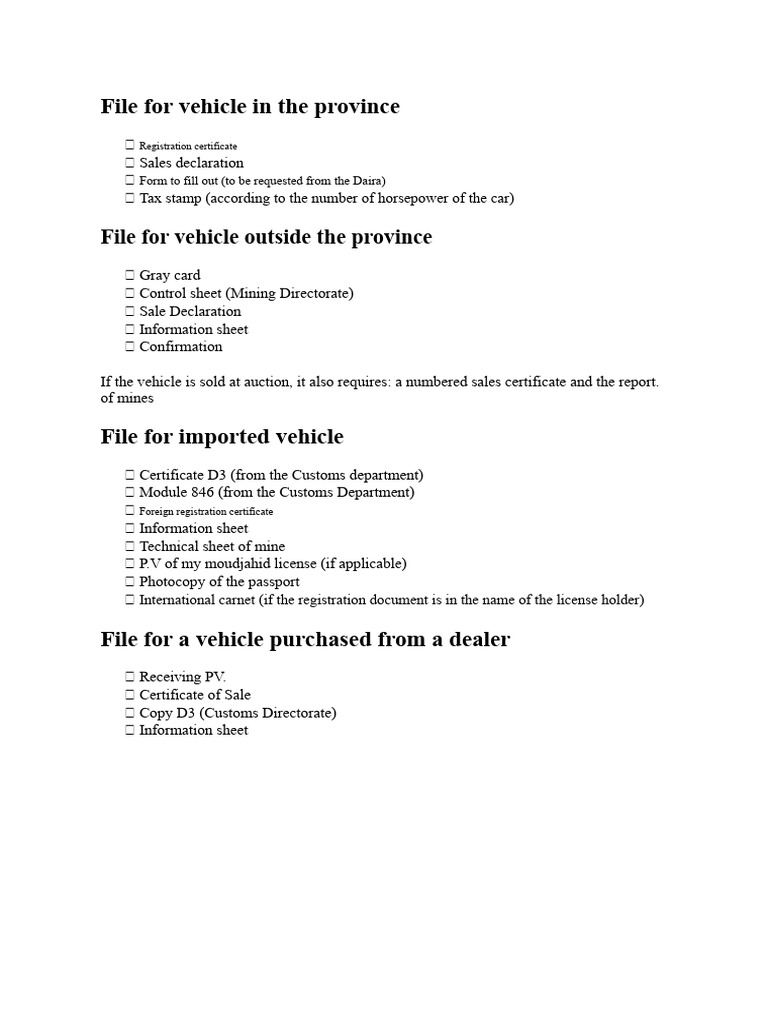 Vehicle Registration Document Checklist | PDF