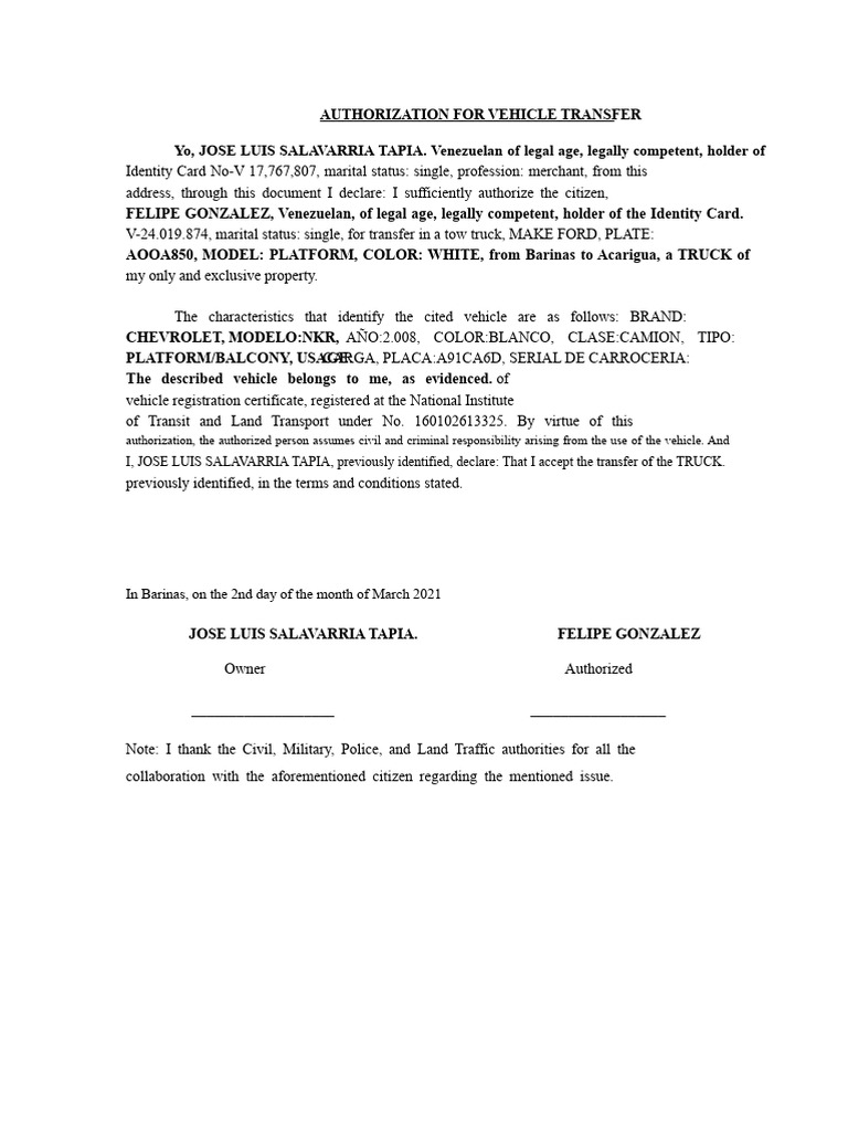 Vehicle Transfer Authorization Document | PDF | Identity Document ...