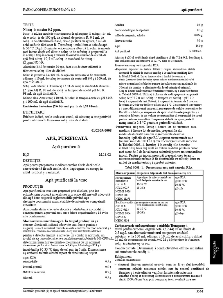 Specificația Apei Purificate Conform Farmacopeei Europene, Ediția 8 | PDF