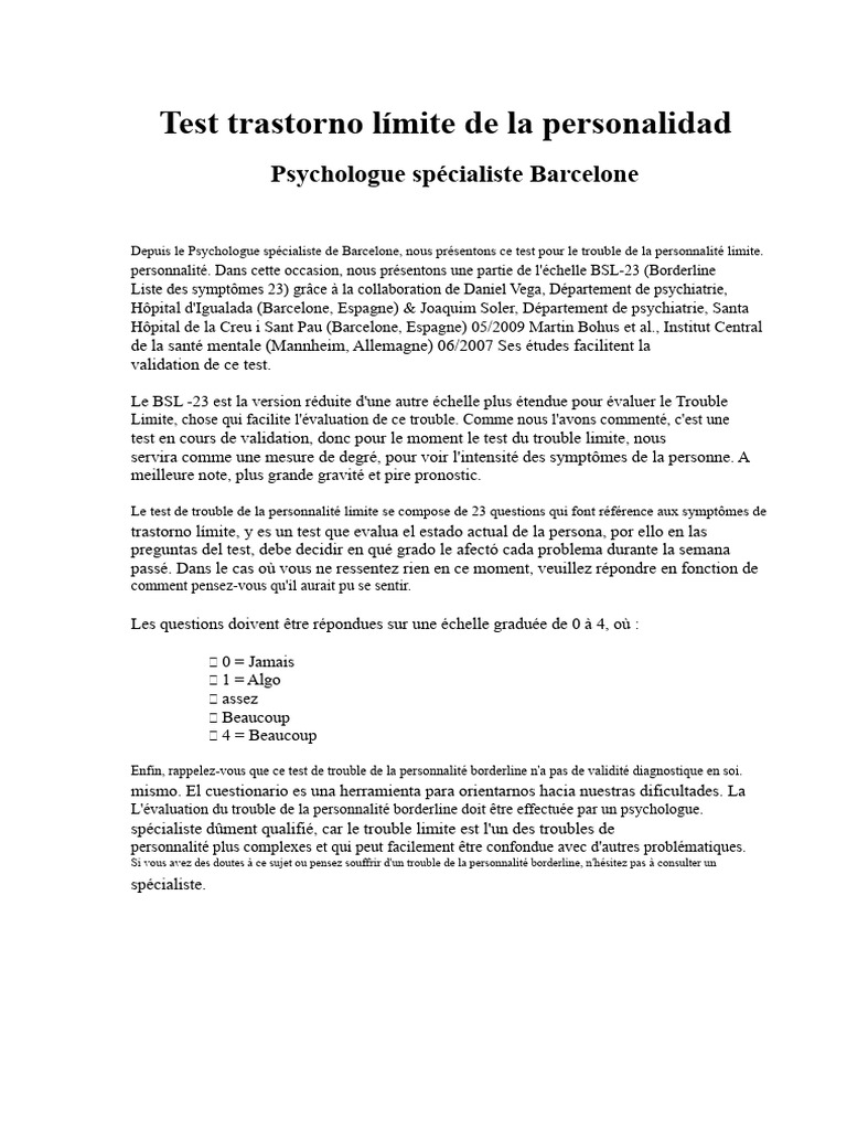 Test BSL-23 pour le trouble limite | PDF | Trouble mental | Trouble de ...