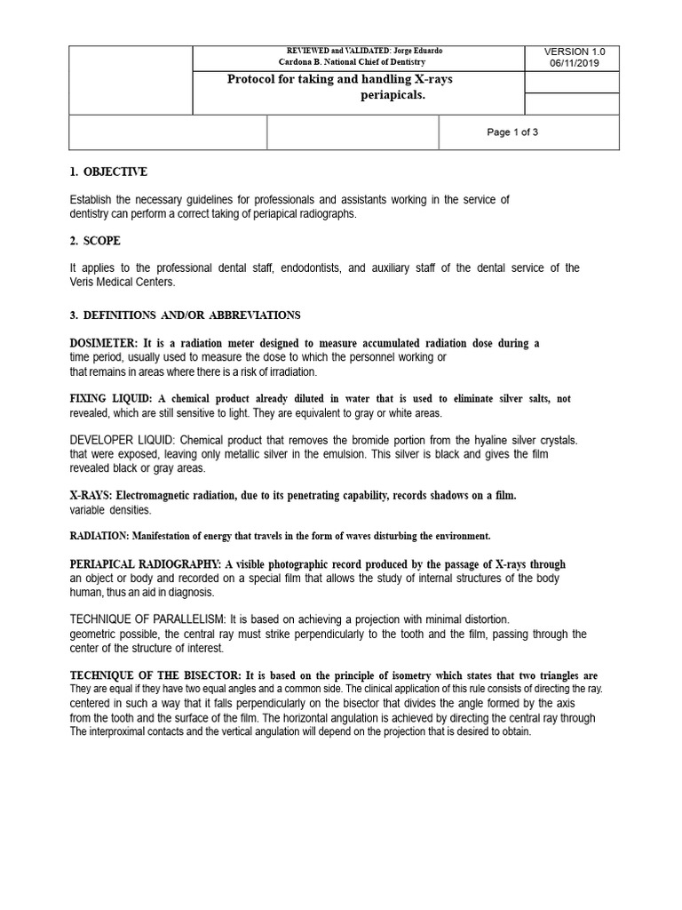 Periapical X-Ray Protocol Guide | PDF | Radiography | Radiation