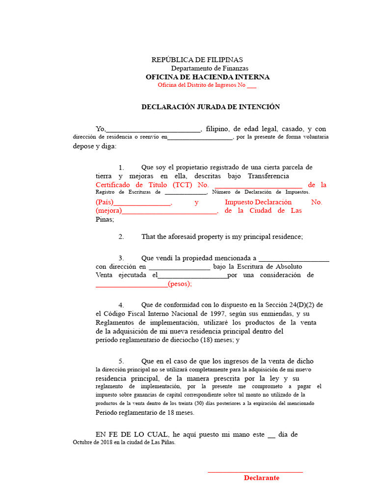 Declaración Jurada de Intención en Filipinas | PDF