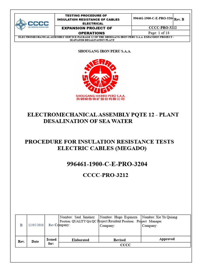 Cccc-Pro-3212 - Procedure For Insulation Resistance Testing of Cables ... - Insulation Safety Testing Procedures