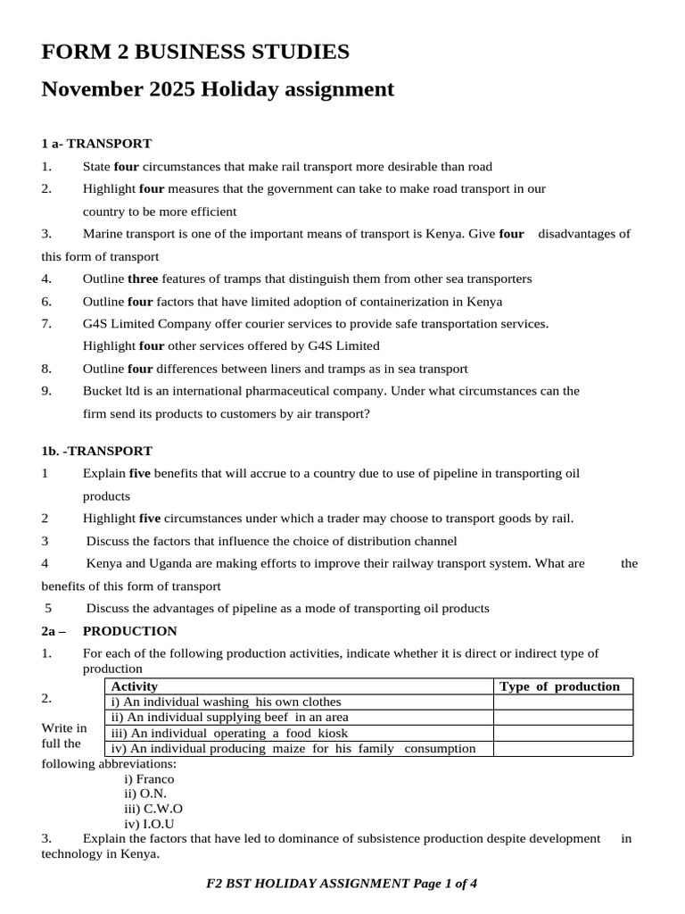 Business Studies Holiday Assignment 2025 | PDF | Corporations | Transport