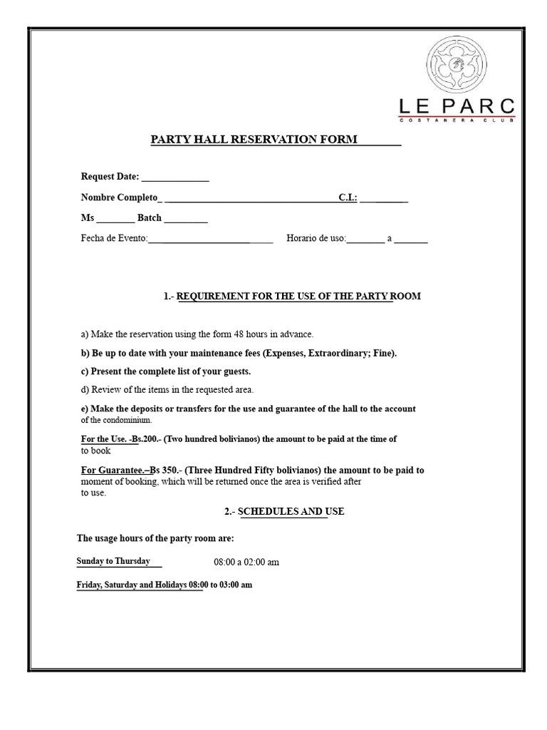 Party Hall Reservation Form | PDF