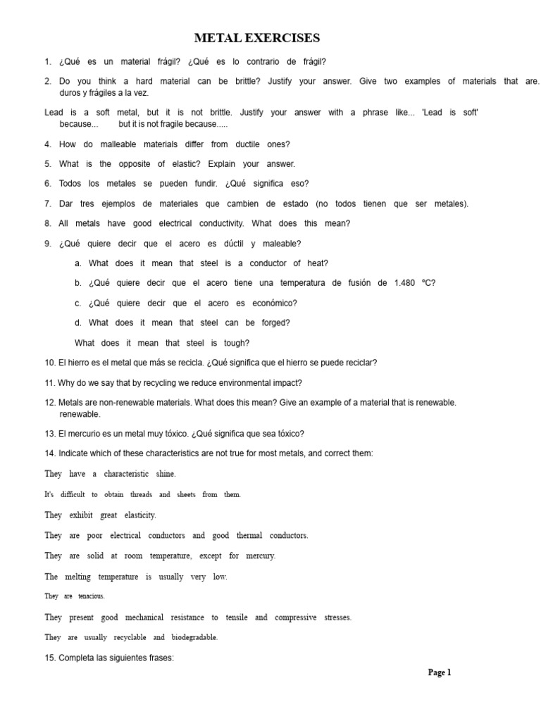 Exercises On Metals. | PDF | Metals | Solid
