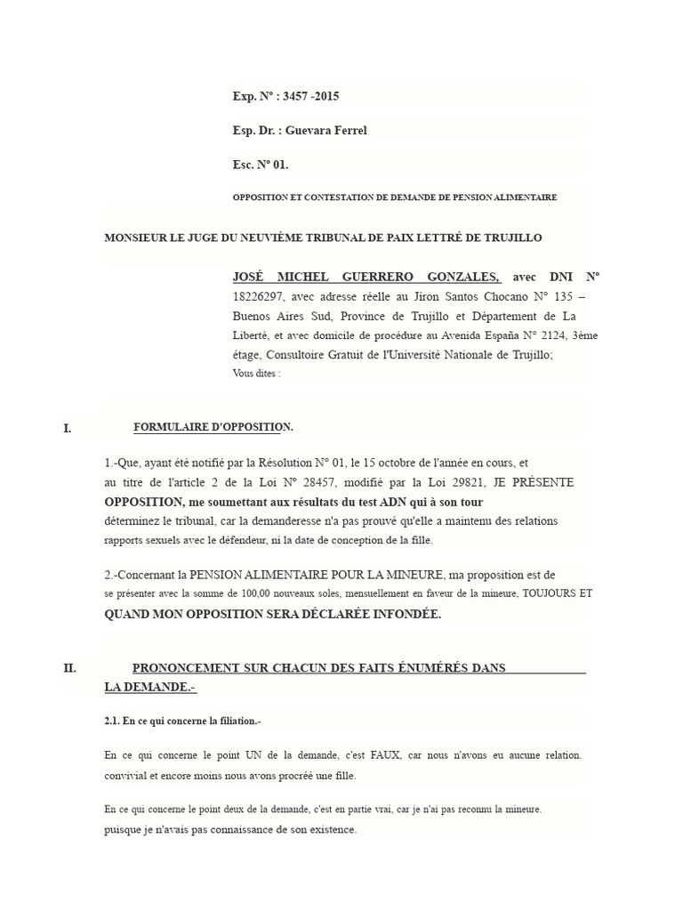 Opposition à la demande de pension alimentaire | PDF | Certificat de ...