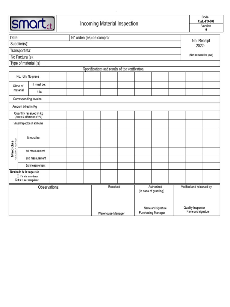 Cal-Fo-001 Incoming Material Inspection | PDF