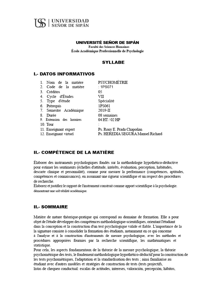 Syllabus de Psychométrie à l'Université | PDF | Psychométrie | Psychologie