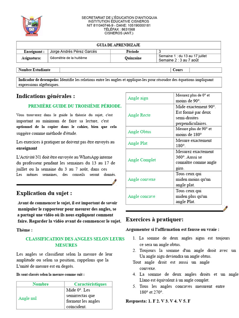 Guide de Géométrie : Classification des Angles | PDF | Angle ...