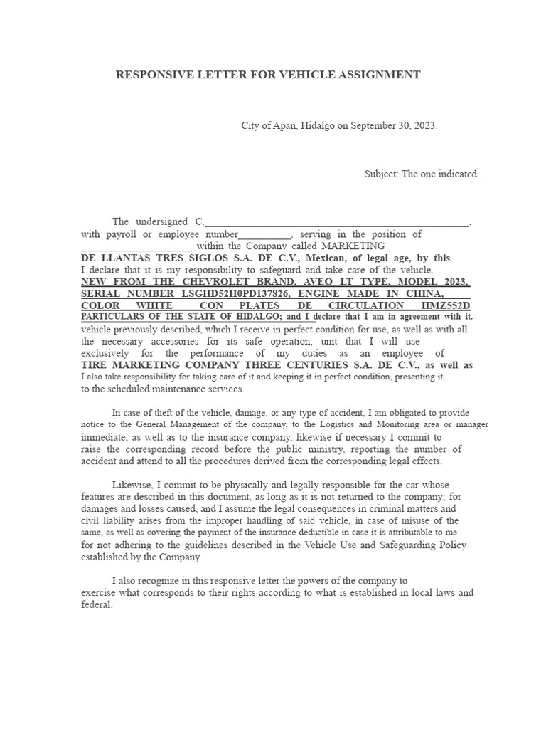 Vehicle Assignment Responsibility Letter | PDF | Traffic Collision ...
