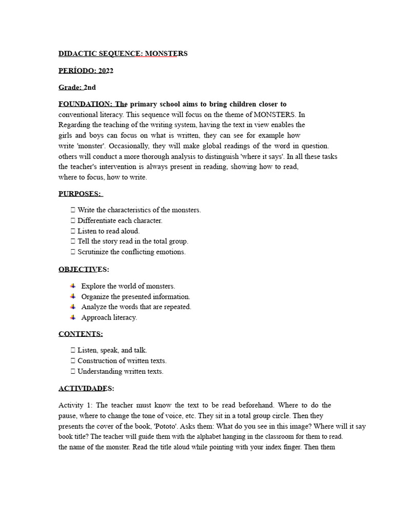 Didactic Sequence on Monsters for 2nd Grade | PDF | Literacy ...