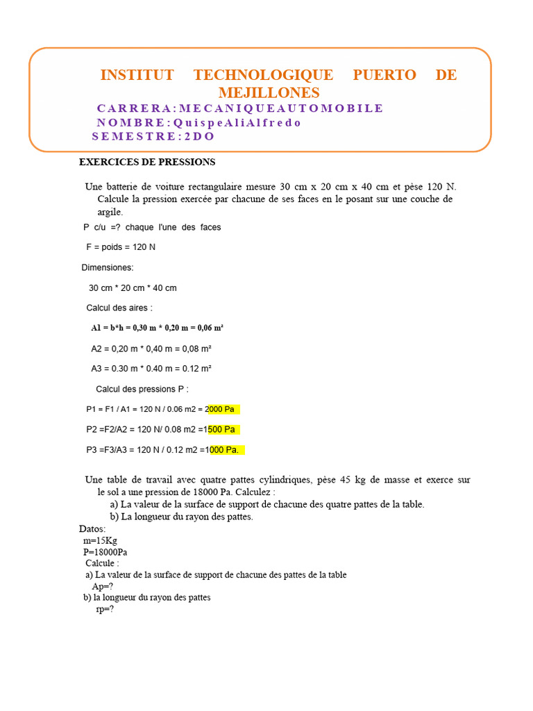 Calculs de Pression et Forces en Mécanique | PDF | Pression | Physique ...
