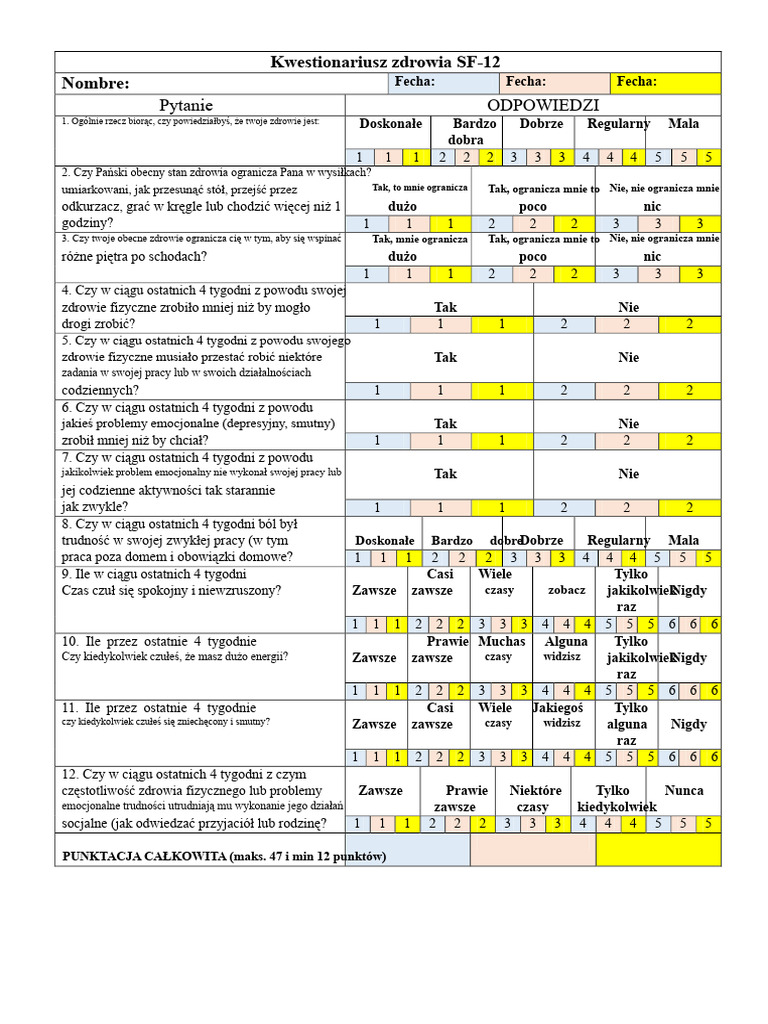 Kwestionariusz SF 12 | PDF