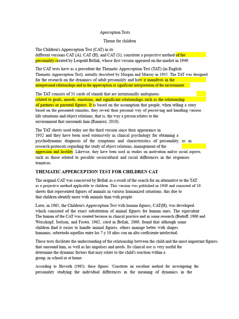 Thematic Apperception Test For Children Cat | PDF | Perception ...