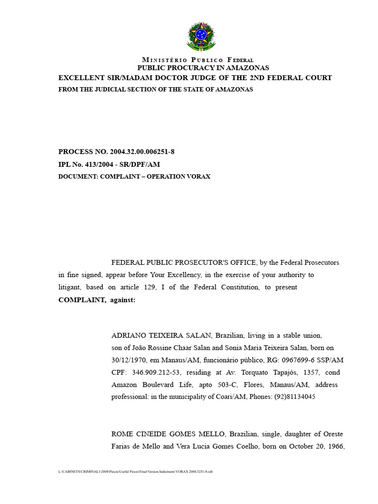 Denunciation Final Version Vorax 2004.3251-8 | PDF | Crimes | Crime ...