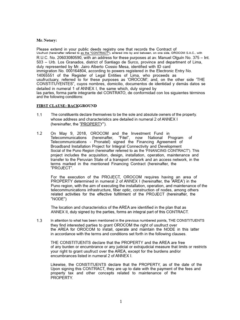 Usufruct Contract for Telecommunications Project | PDF | Consideration ...