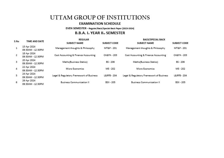 BBA 2nd Semester Exam Schedule 2024 | PDF