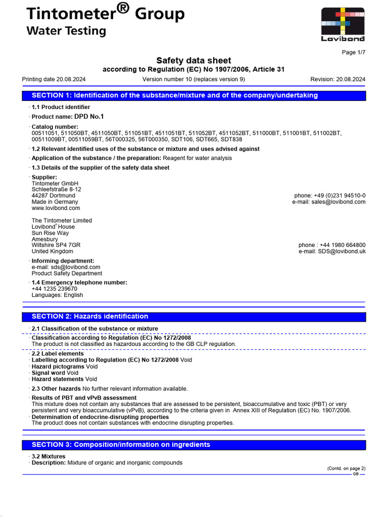 DPD No.1 Safety Data Sheet | PDF | Dangerous Goods | Toxicity