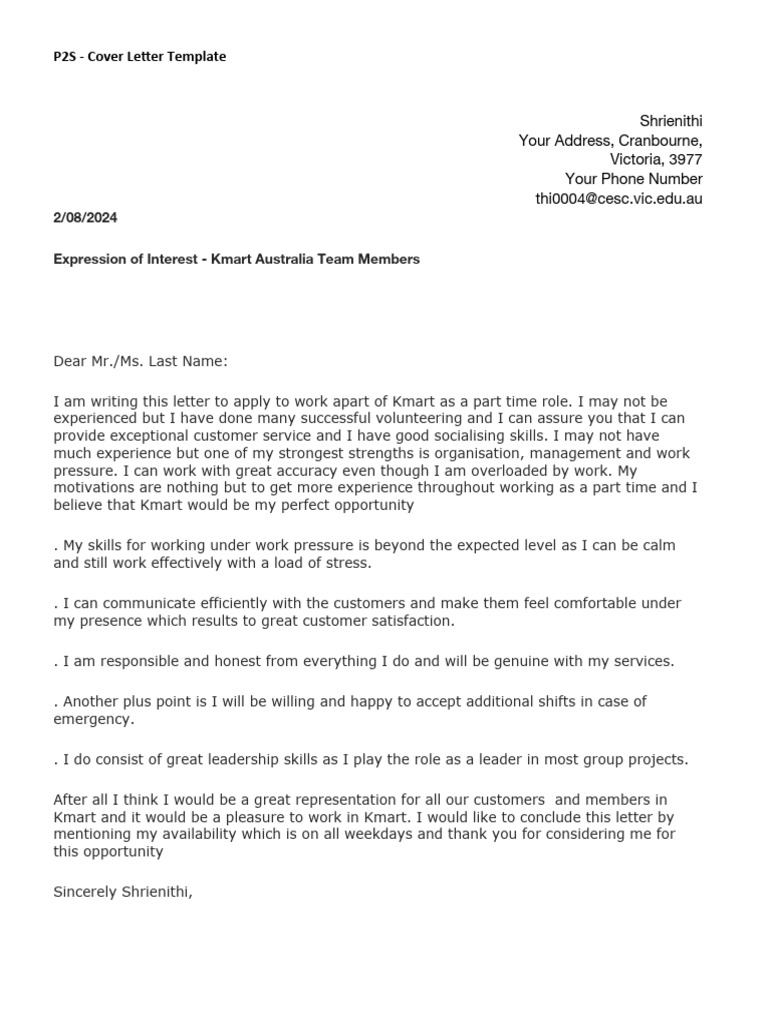Kmart Part-Time Job Cover Letter Template | PDF